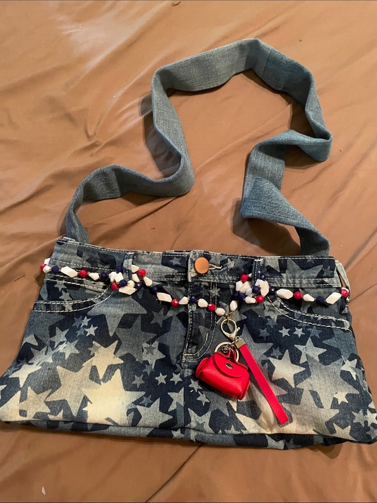 Handbags - Handmade Denim Star-Print Crossbody Bag with Red Charm 9x 15
